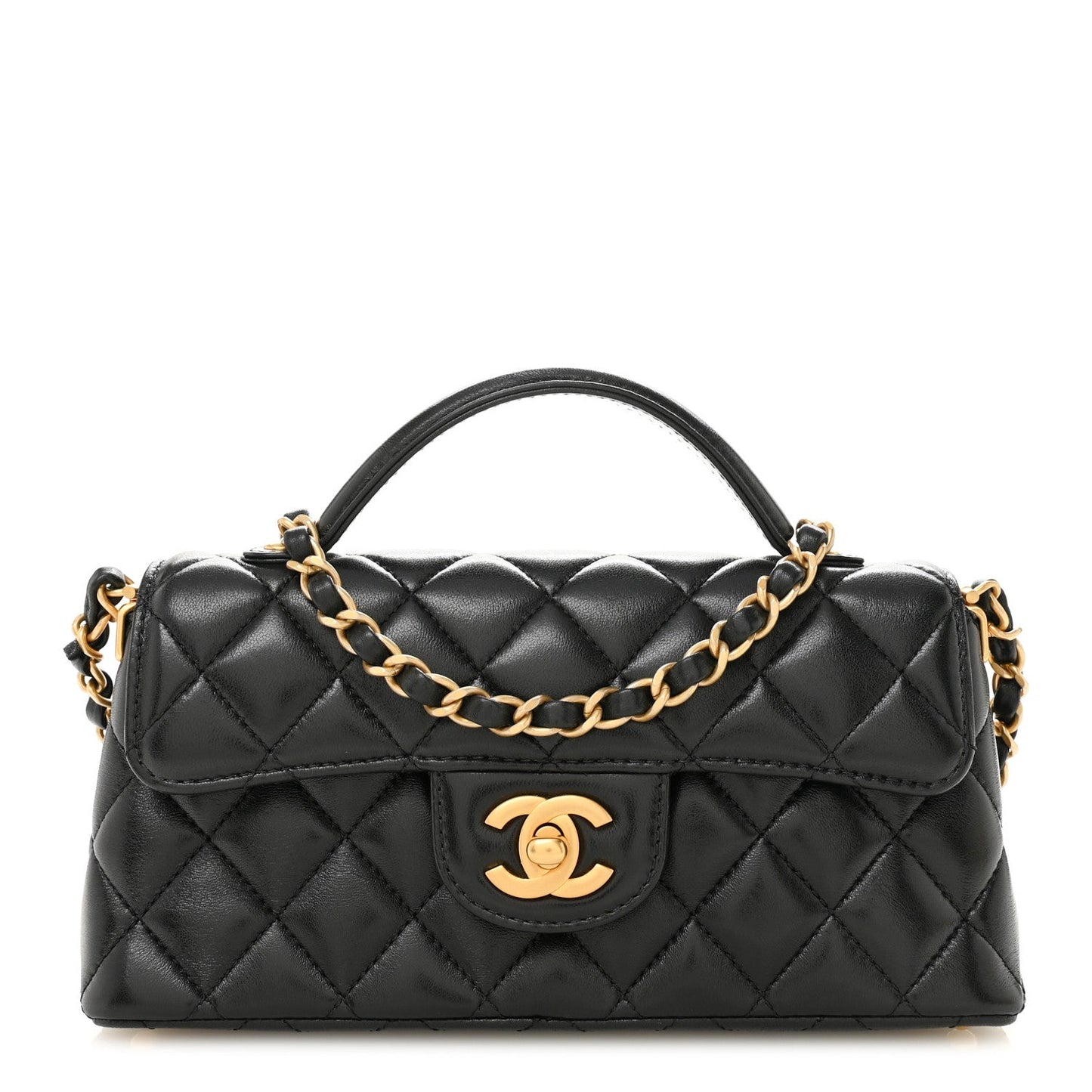 Lambskin Quilted Mini Flap Top Handle Bag Black