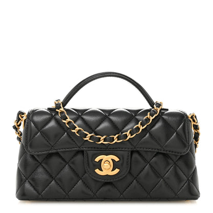 Lambskin Quilted Mini Flap Top Handle Bag Black