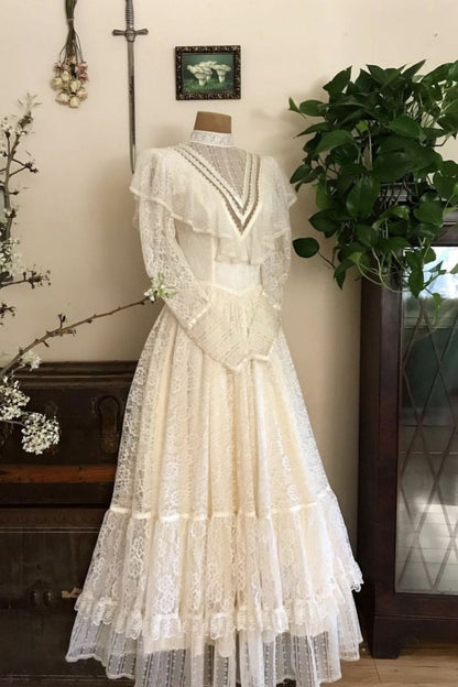 formaldressy-Long-Sleeved Dress, Retro Half-High Collar, Elegant Long Exquisite Lace Tulle Wedding Dress gh5853