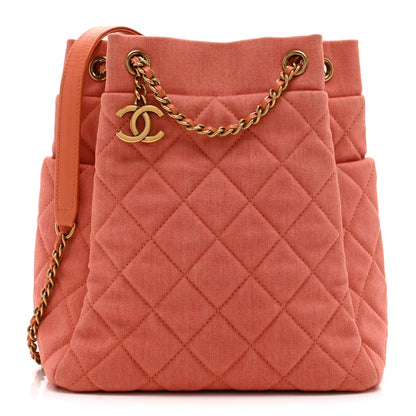 Washed Denim Quilted Small Urban Spirit Drawstring Bag Orange