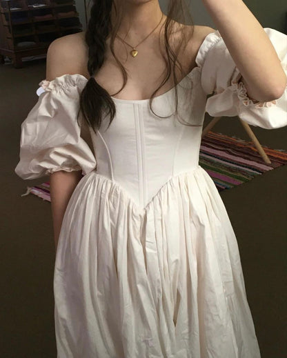 formaldressy-White Simple Casual Retro Fashion Long Prom Dress Artistic Puff Sleeve Maternity Dress gh5851