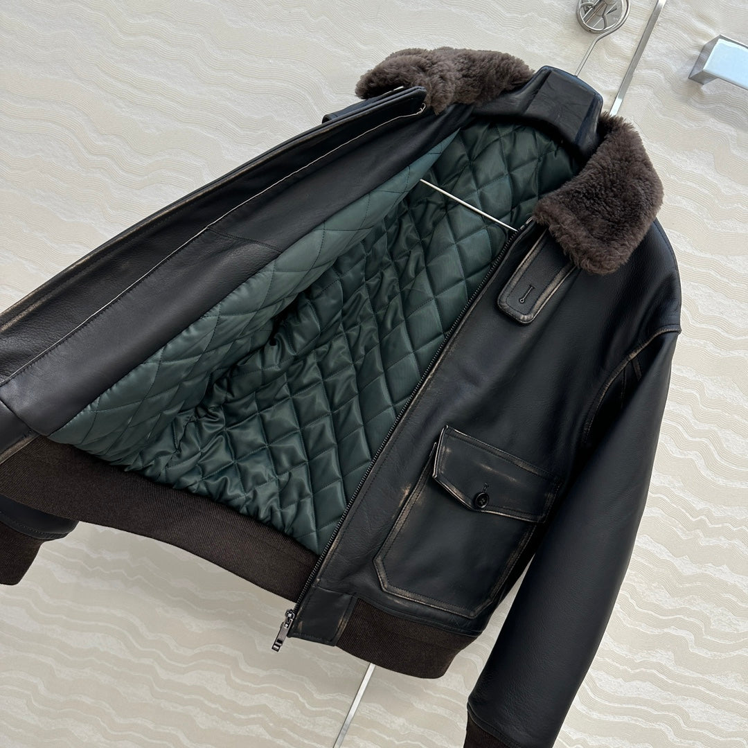 The Row Teddy Lamb Fur Collar Cowhide Down Jacket Black and Brown 304583