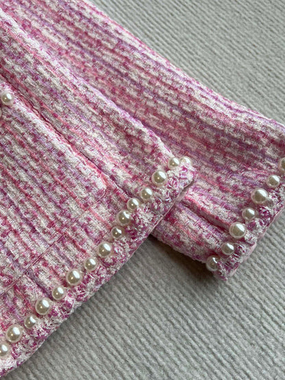Chanel 25P Cardigan Pink Tweed With Pearl 235893