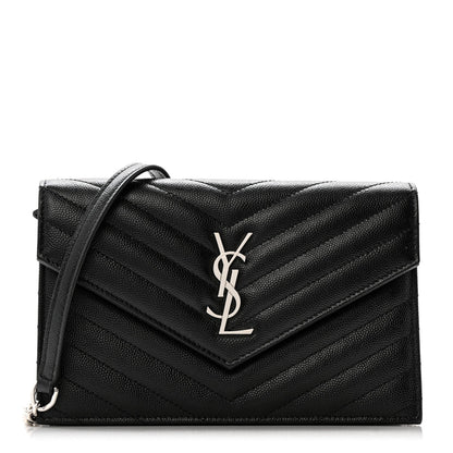 Grain De Poudre Matelasse Chevron Monogram Envelope Chain Wallet Black