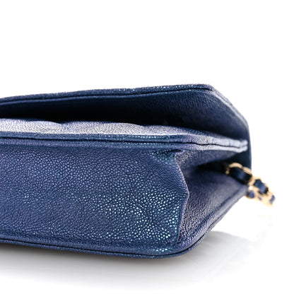 Iridescent Caviar Quilted Wallet on Chain WOC Dark Blue