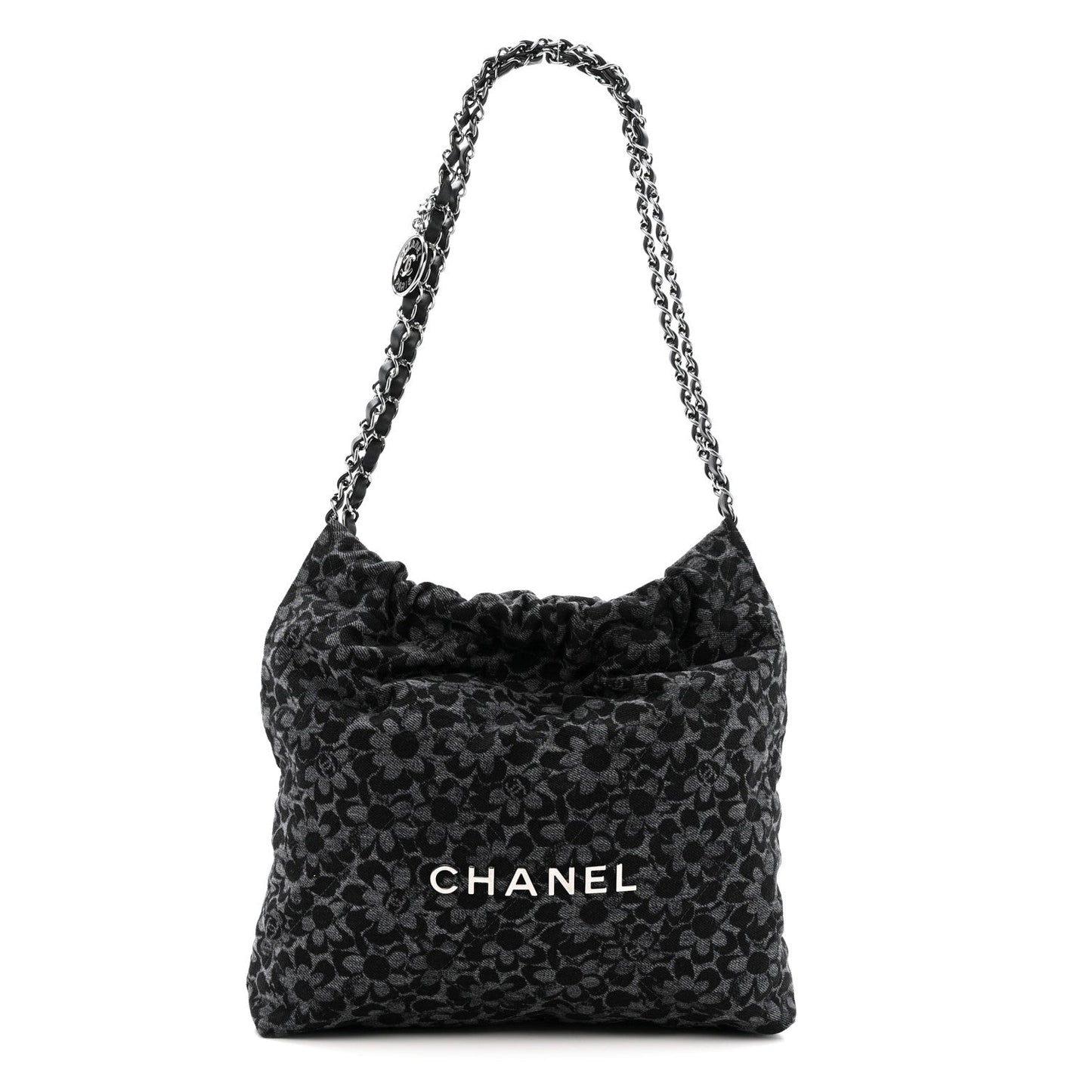 Denim Quilted Floral Print Small Chanel 22 Black