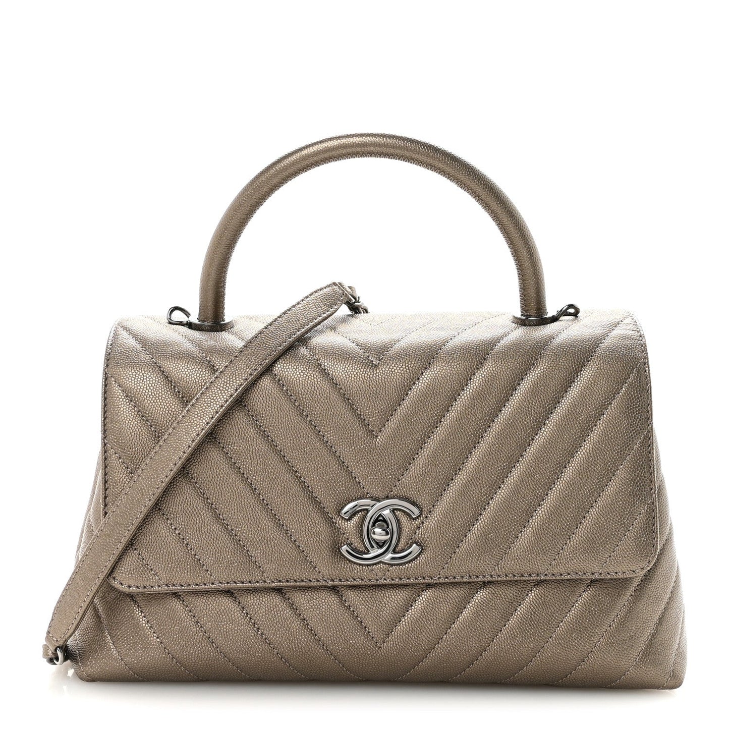 Metallic Caviar Chevron Quilted Small Coco Handle Flap Light Gold