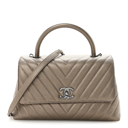 Metallic Caviar Chevron Quilted Small Coco Handle Flap Light Gold