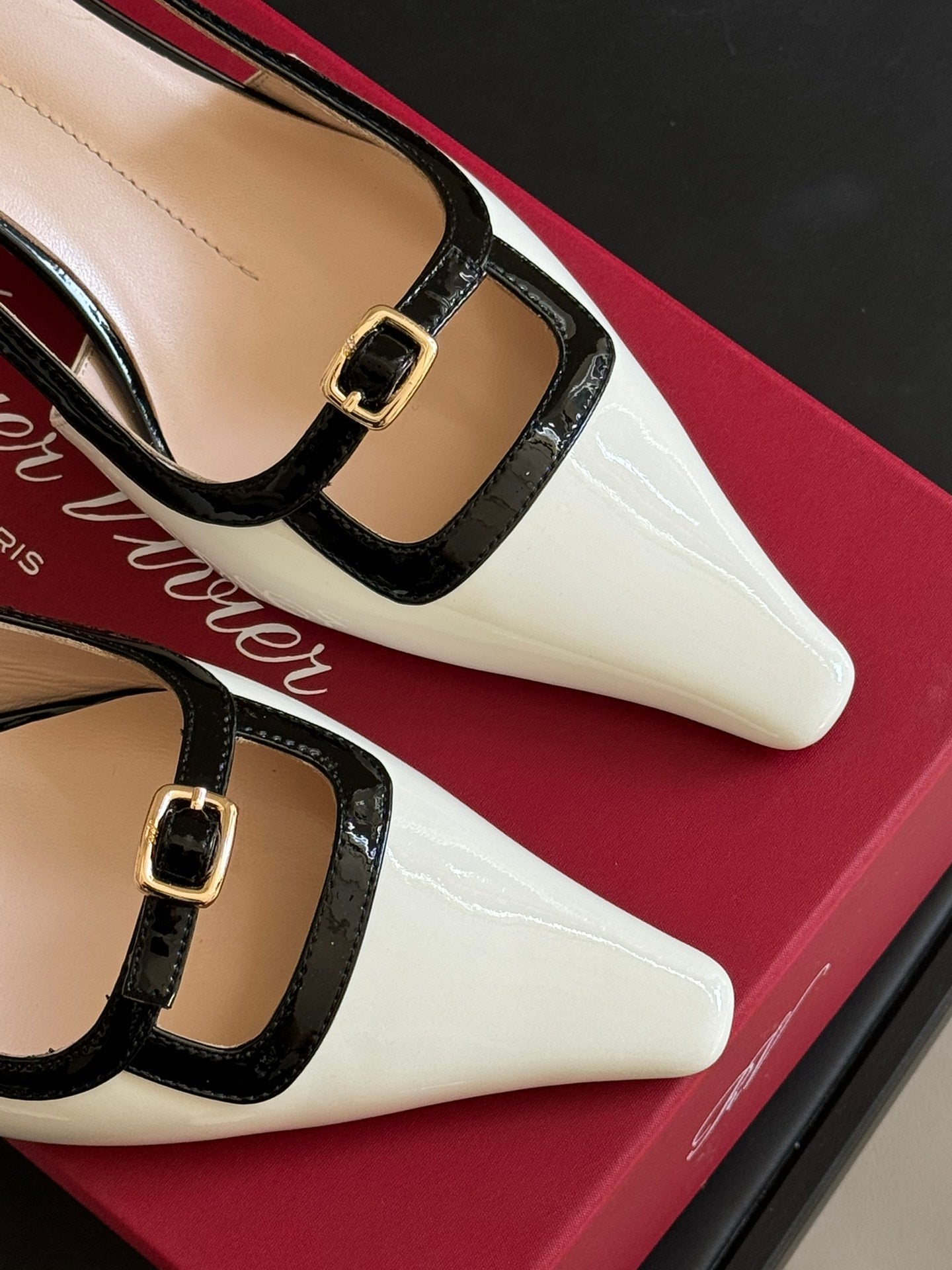 Viv Canard Slingback Pumps 55 in Patent White Black Leather
