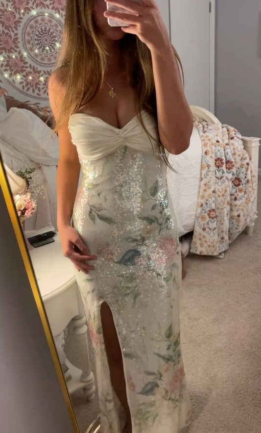 formaldressy-Charming Dress With Shiny Floral Slit Tube Top Long Sequins Prom Dress Graduation Dress gh5865