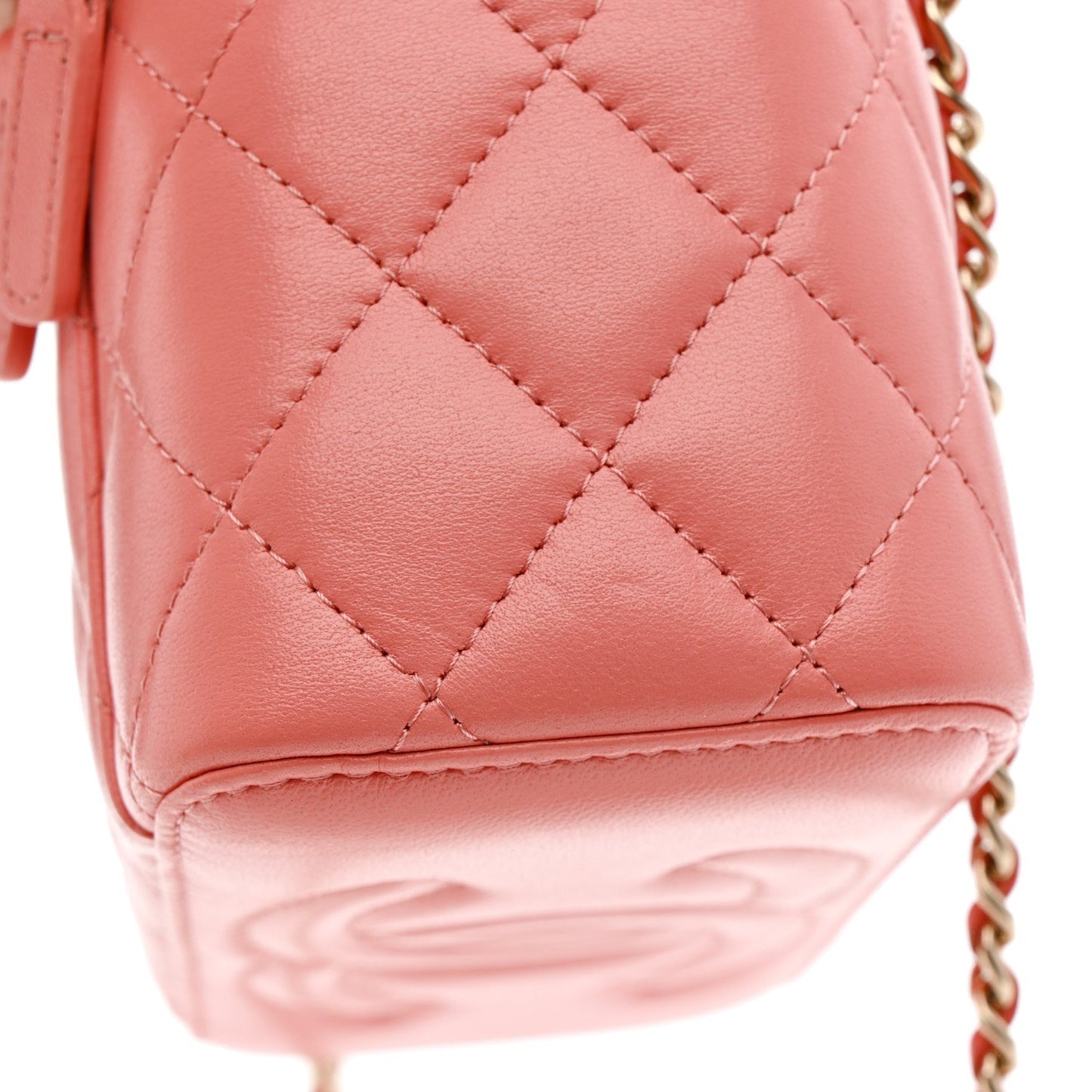 Lambskin Quilted Small Charming Top Handle Vanity Case With Chain Pink