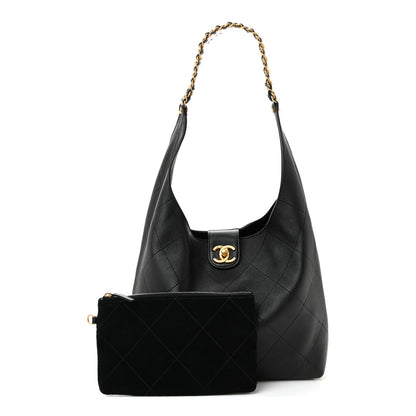Shiny Lambskin Quilted Medium Hobo Black