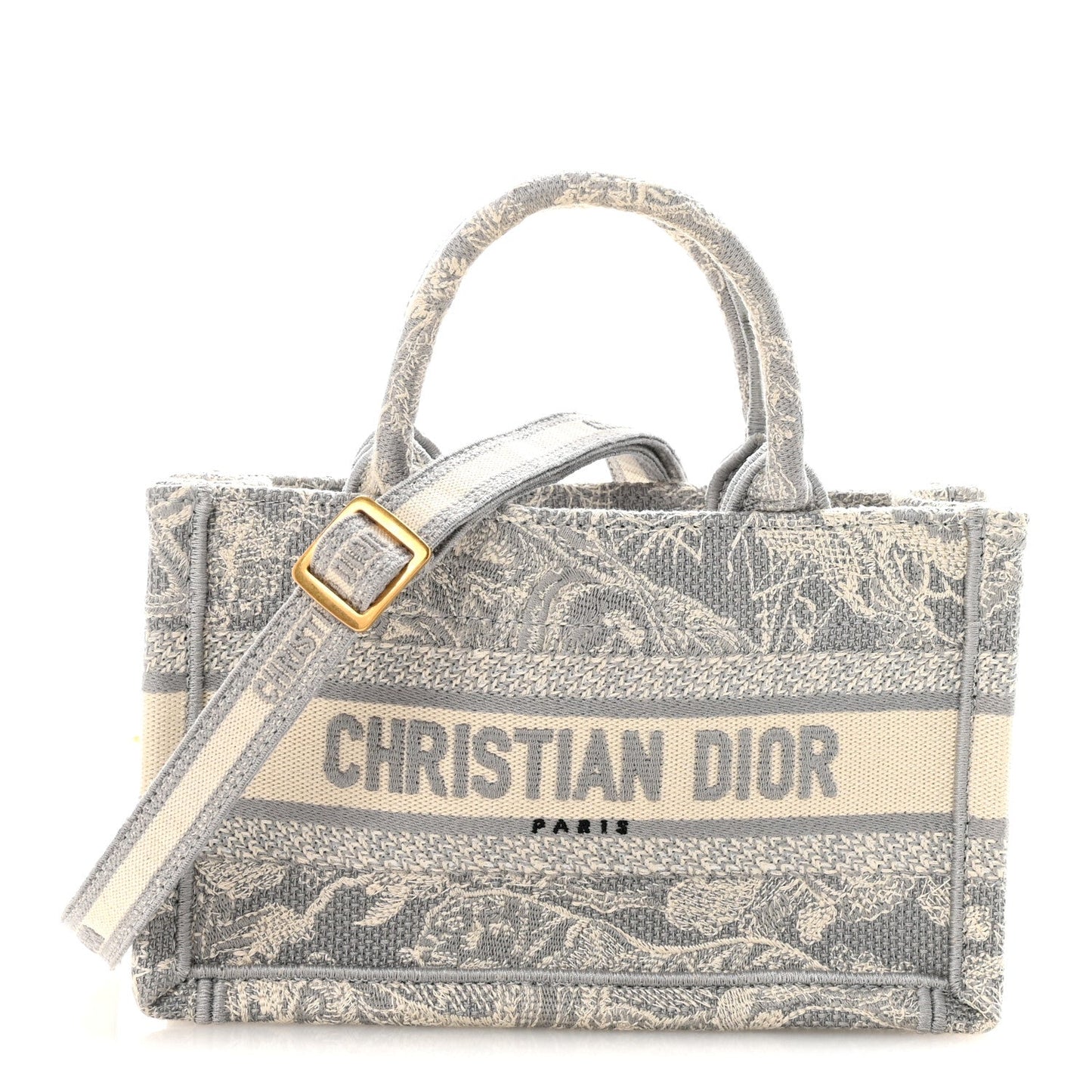Canvas Embroidered Toile De Jouy Reverse Mini Book Tote With Strap Grey