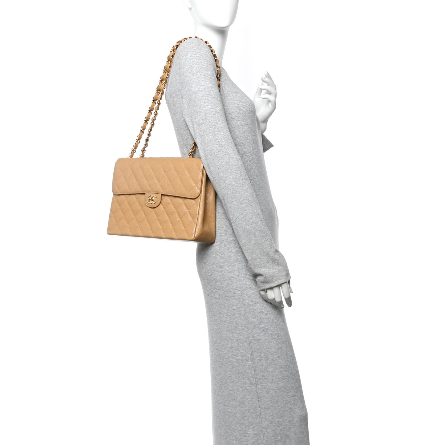 Caviar Quilted XL Jumbo Single Flap Beige