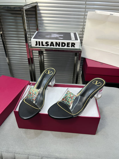 Heeled Sandals 6cm with Crystal Square Buckle Black