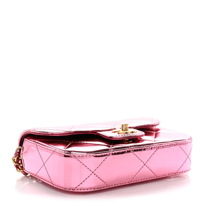 Mirror Metallic Calfskin Quilted Mini Top Handle Flap Pink