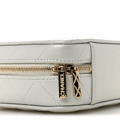 Metallic Lambskin Quilted Top Handle Vanity Case Silver