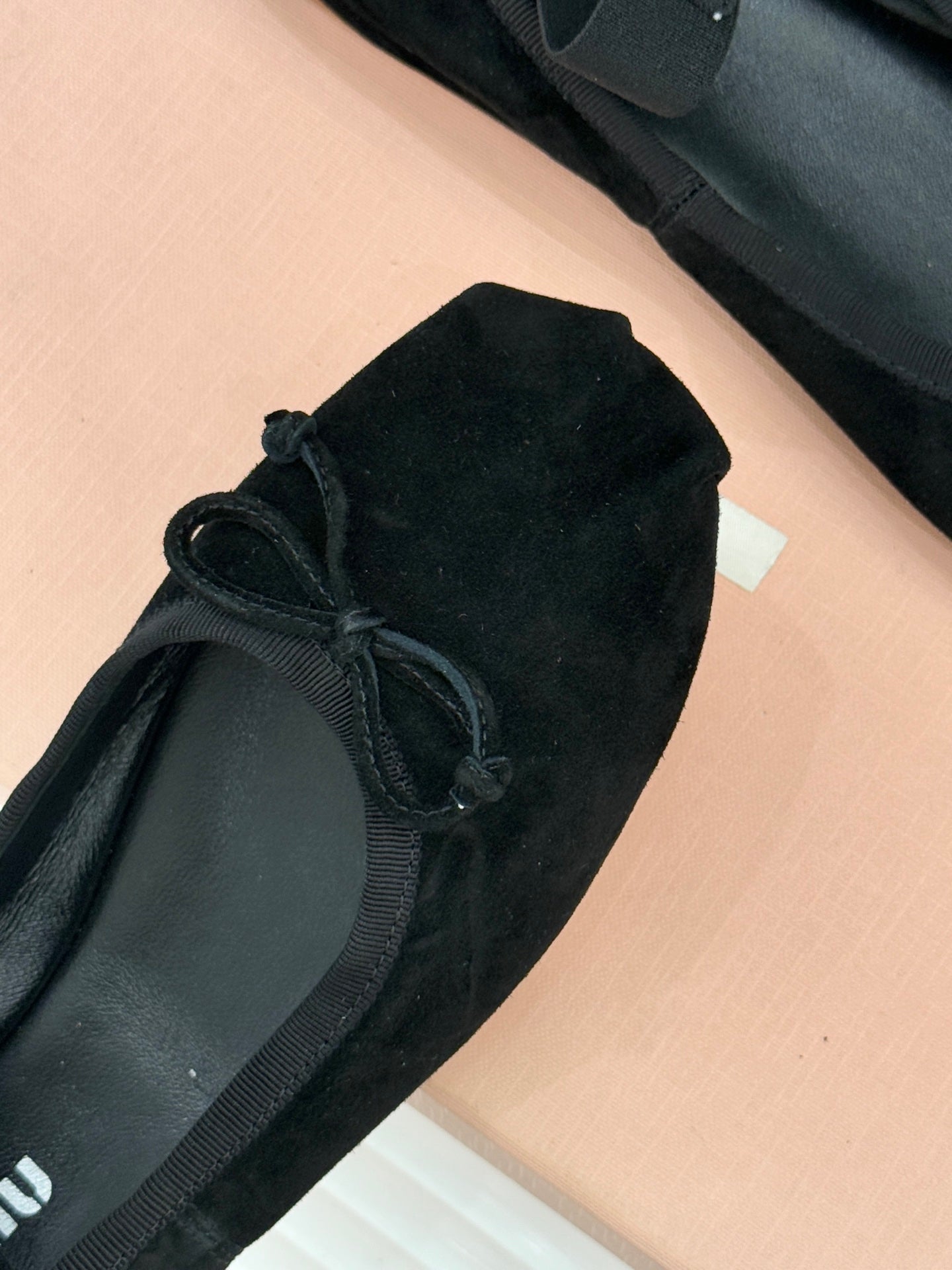 Miu Classic Bow Letter Ballet Flat Black Suede 571003