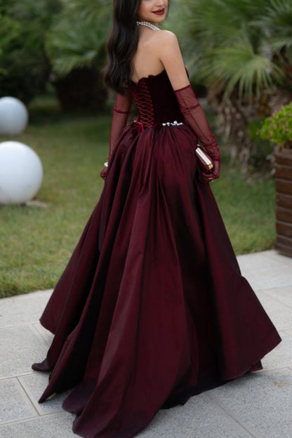 formaldressy- Burgundy velvet satin vintage elegant long gown gh6196