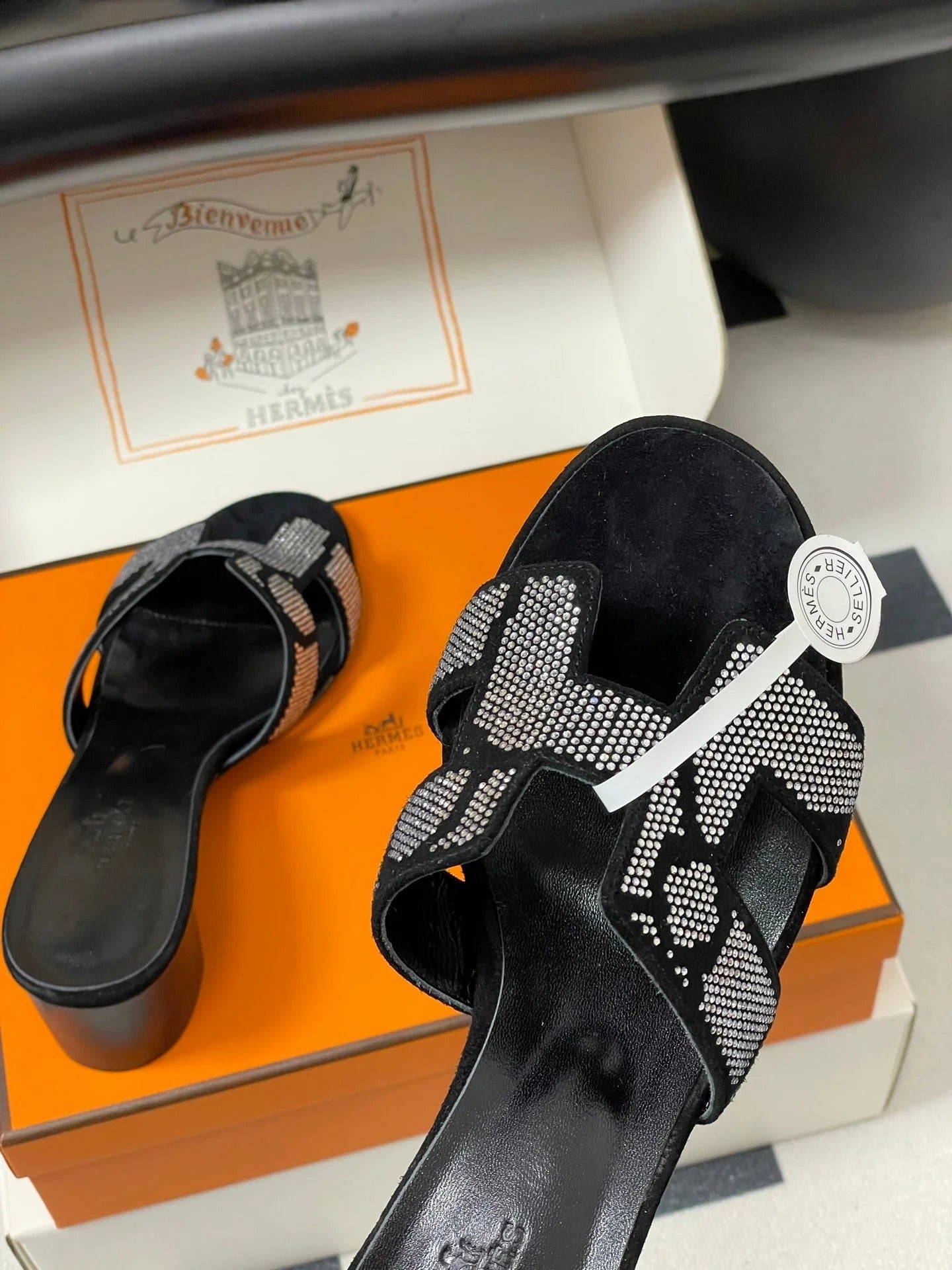 HM 25S ORAN HIGH‐HEEL SANDAL 50 MM IN BLACK LAMBSKIN WITH WHITE STONE DETAILS