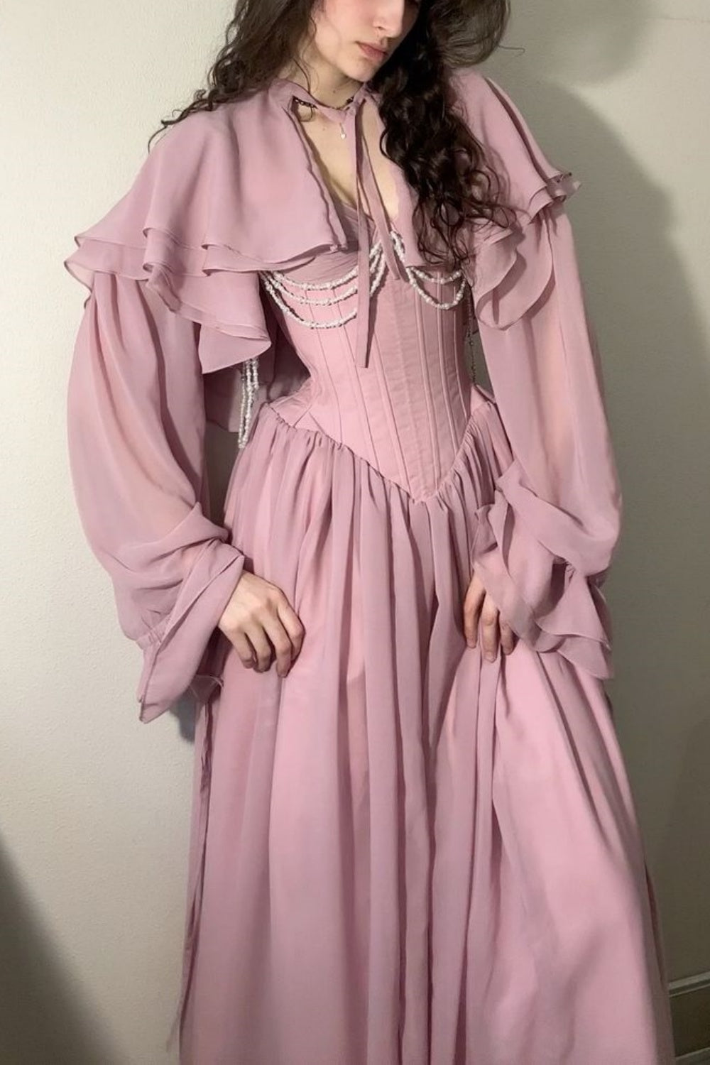 formaldressy-Retro, elegant, flowing A-line long-sleeved, corseted chiffon prom dress gh5755