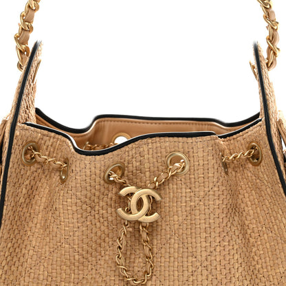 Braided Raffia Calfskin Quilted Mini Chanel 25 Handbag Beige Black