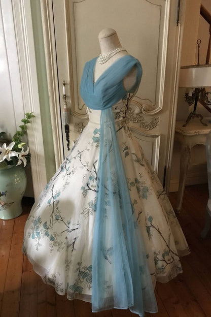 formaldressy-Blue Vintage Floral Long Tulle Ball Gown Wedding Dress gh5834