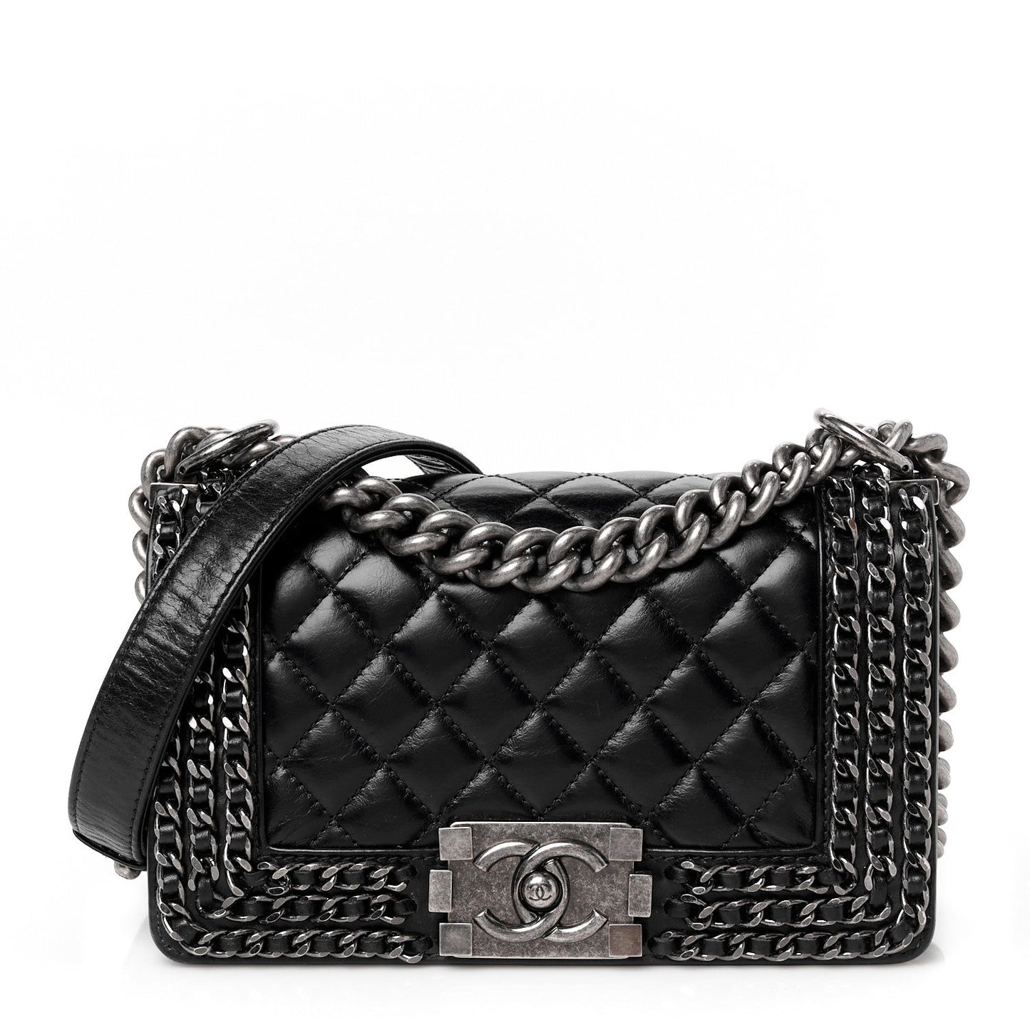 Glazed Calfskin Quilted Small Boy Chained Flap Black