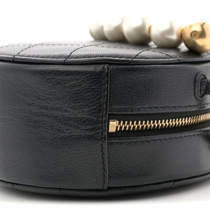 Goatskin Quilted Chic Pearls Chain Round Clutch With Chain Black