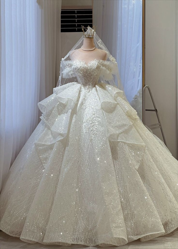 Unique Bridal Gown Ball Gown Off The Shoulder White Short Sleeves Sequin Wedding Dresses Vintage Bridal Gowns DH1215