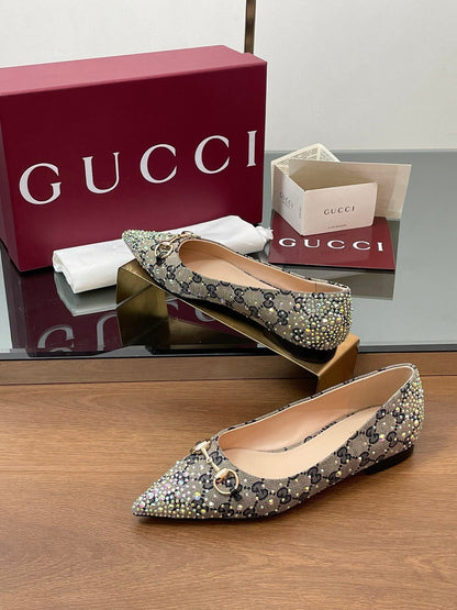 GG Horsebit Ballet Flat Beige Black Monogram Canvas Crystal-Embellished