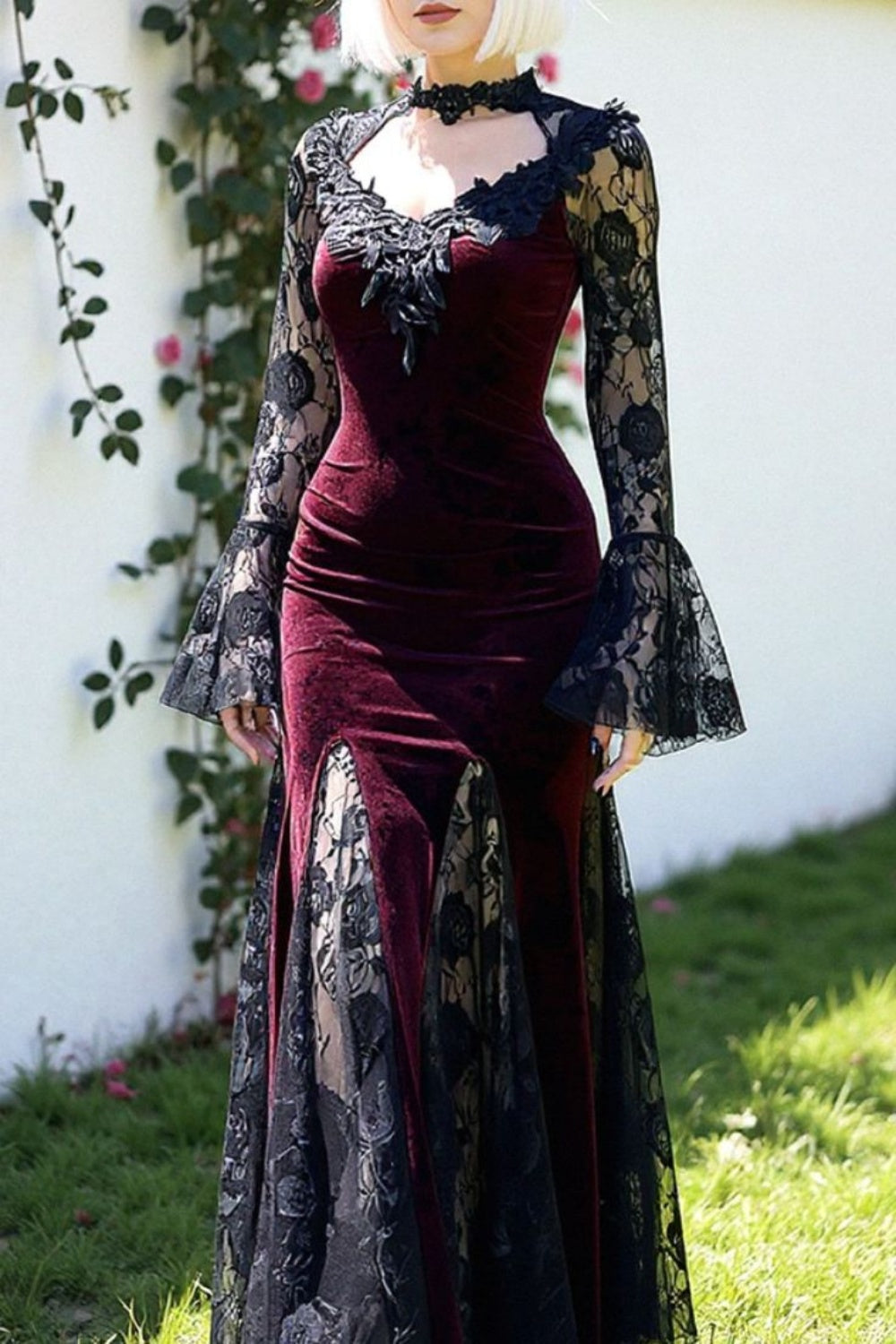 formaldressy-Burgundy velvet gothic lace long sleeve dress prom dress,evening dress gh5813