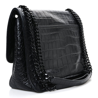 Crocodile Embossed Lambskin Monogram Medium Niki Chain Satchel Black