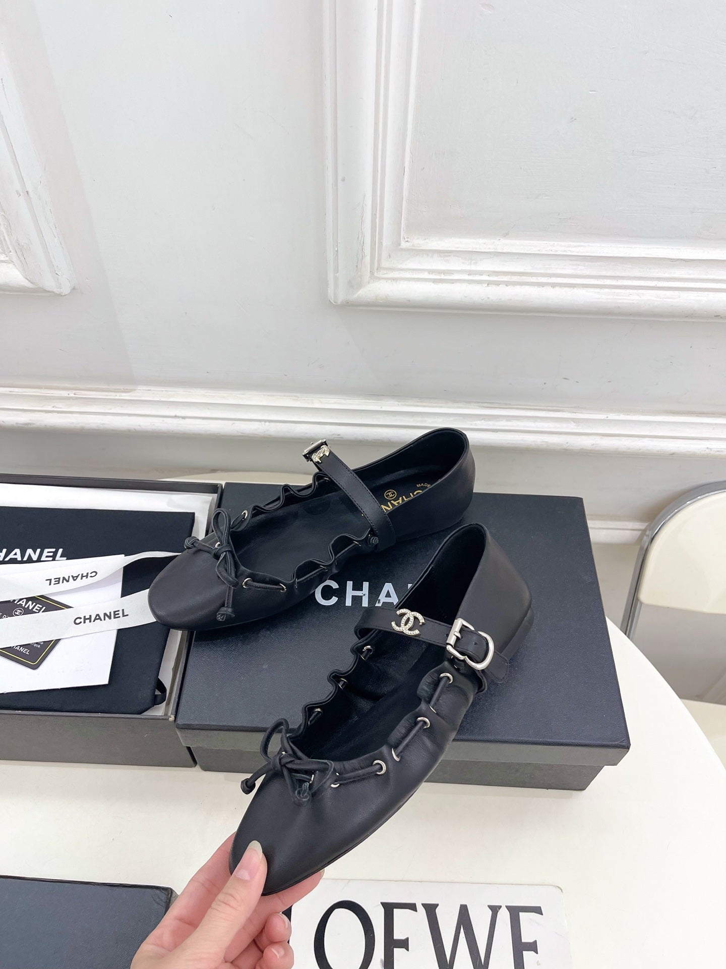CC 26 SS Ruffled Bow Mary Jane Flats Black Calfskin 586928