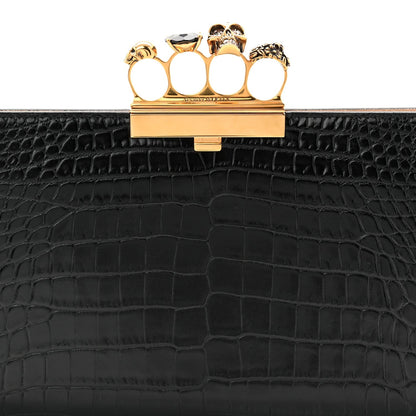 Calfskin Crocodile Embossed Knuckle Flat Clutch Black Gold