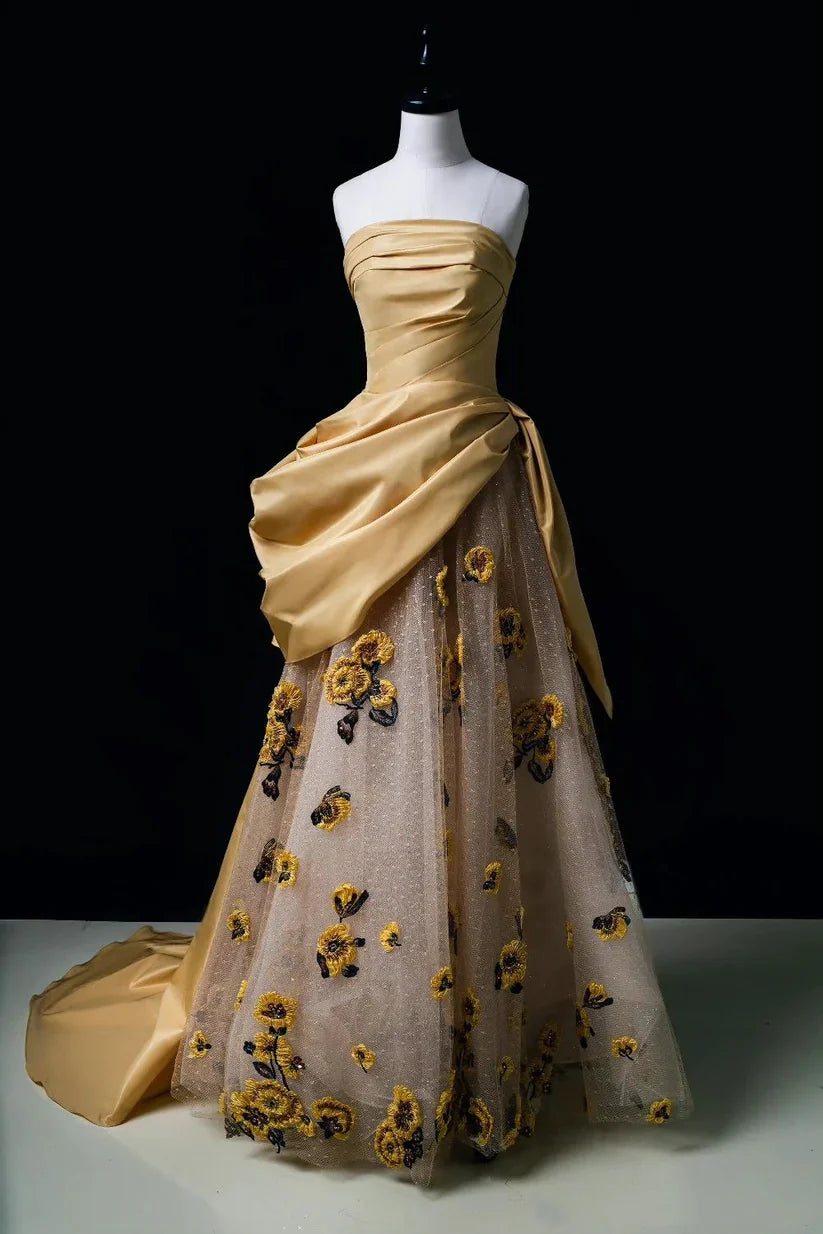 formaldressy-Yellow floral retro shiny sweet long prom dress evening dress gh5339