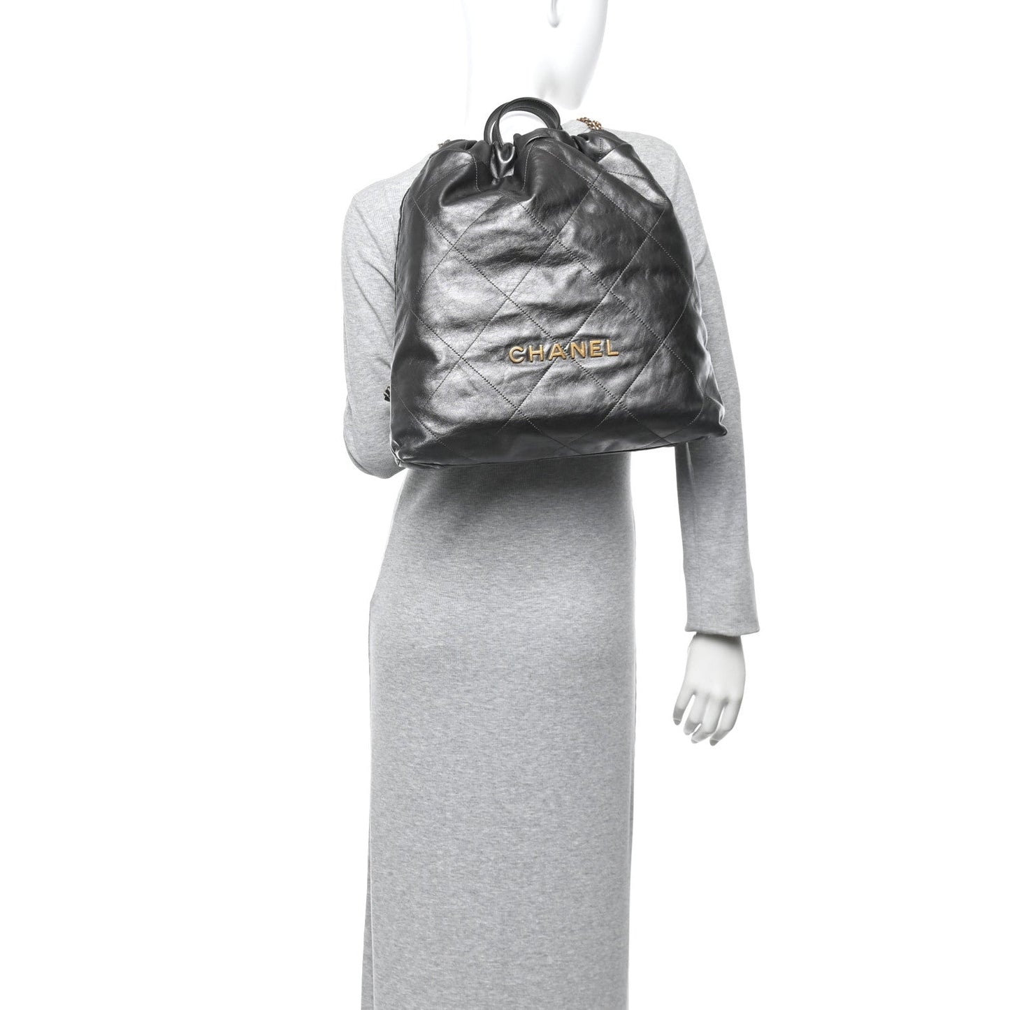 Shiny Calfskin Quilted Chanel 22 Backpack Grey
