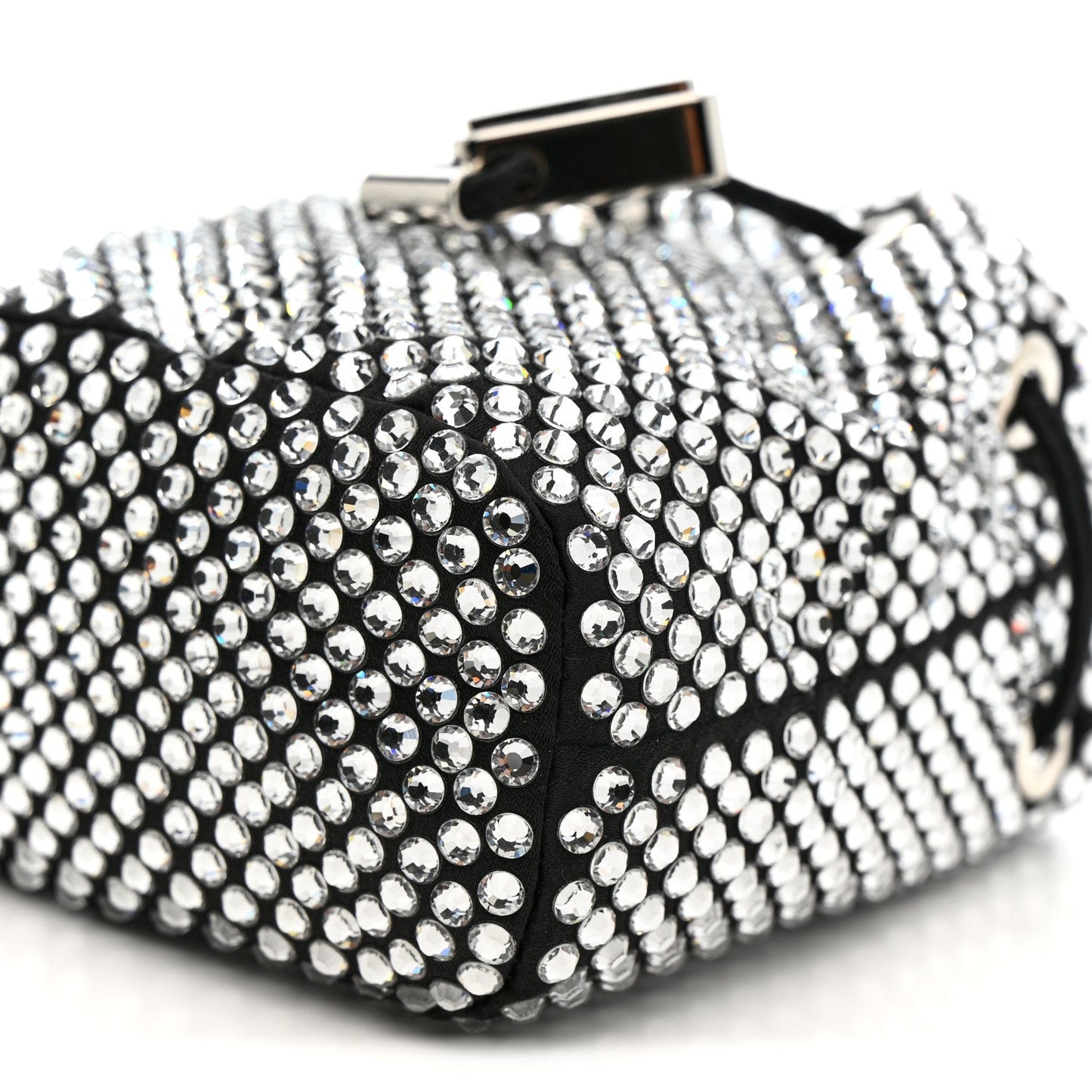 Satin Crystal Metal Triangle Logo Mini Drawcord Pouch Shoulder Bag Crystal