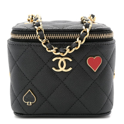 Caviar Quilted Enamel Coco Casino Mini Vanity Case With Chain Black