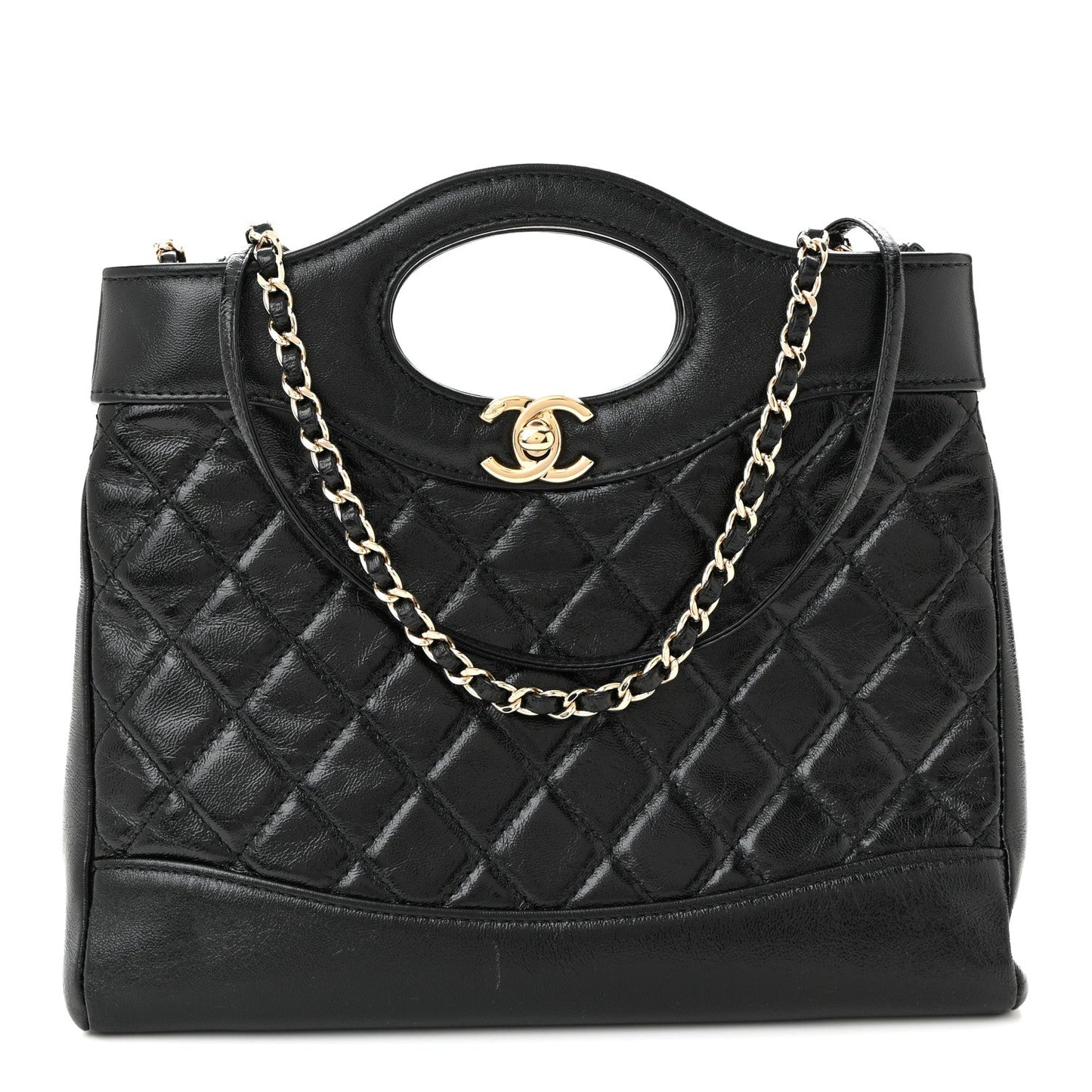Shiny Crumpled Calfskin Quilted Mini 31 Shopping Bag Black