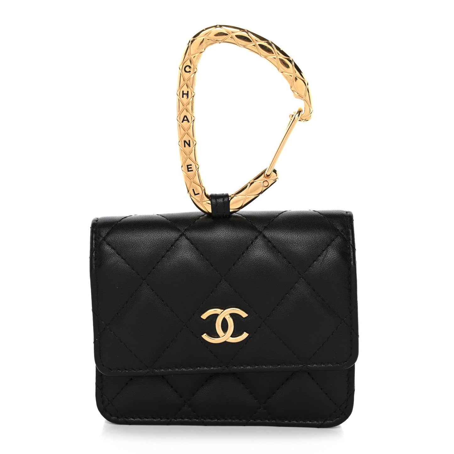 Lambskin Quilted CC Hook Card Holder Black