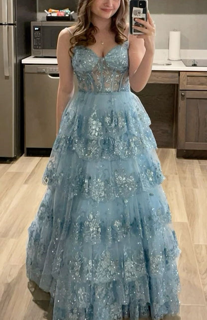 formaldressy-Gray/Blue Long Princess Sparkling Sequined Long Tulle Prom Dress Graduation Dress gh5925