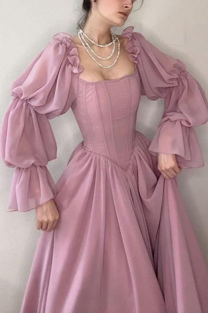 formaldressy-Retro, elegant, flowing A-line long-sleeved, corseted chiffon prom dress gh5754