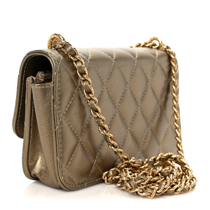 Metallic Lambskin Quilted Dynasty Flap Phone Holder With Chain Gold