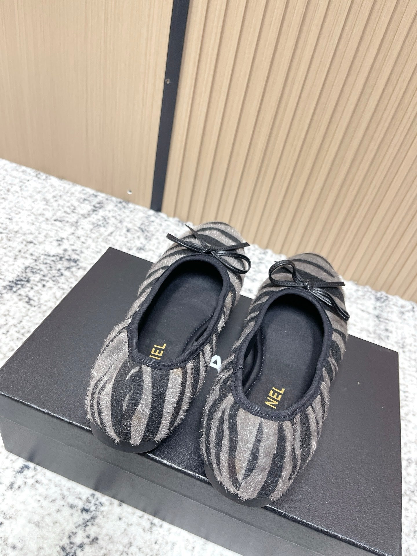 Chanel 26 Tiger Print Gray Black Ballet Flat in Sheepskin Wool 591375