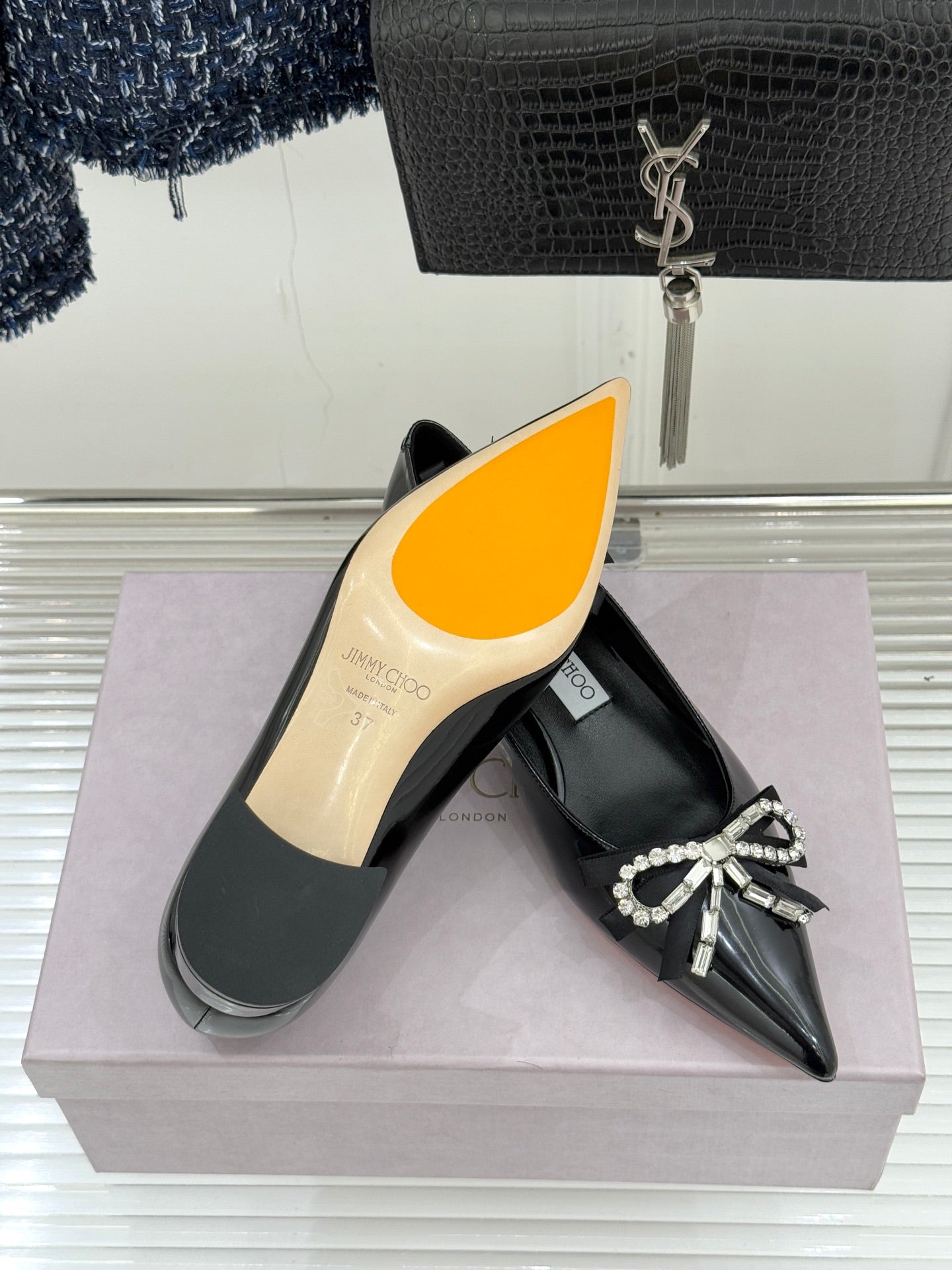 Jimmy Choo 26WF Pointed Toe Rhinestone Bow Chunky Heel Black in  Sheepskin 573540