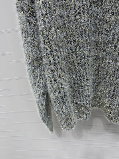 Chanel 2025 Ruffled Collar Shimmering Sweater Gray Black Polyester Wool 319566