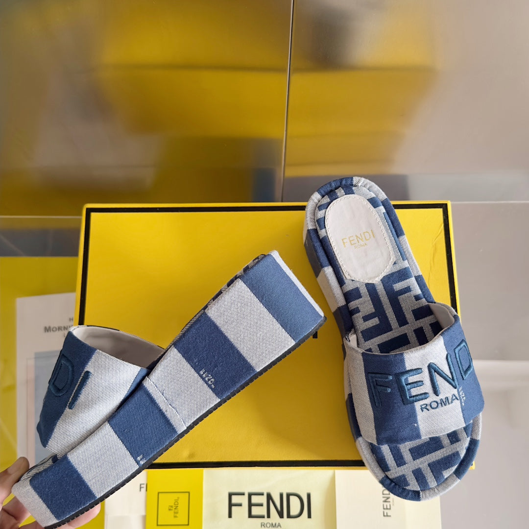FF Sunshine 65 Blue Grey Canvas Flatform Slide