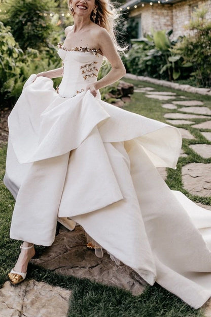 formaldressy-Ivory and Gold Beaded Long Layered Floor-Length Wedding Dress with Train gh5389