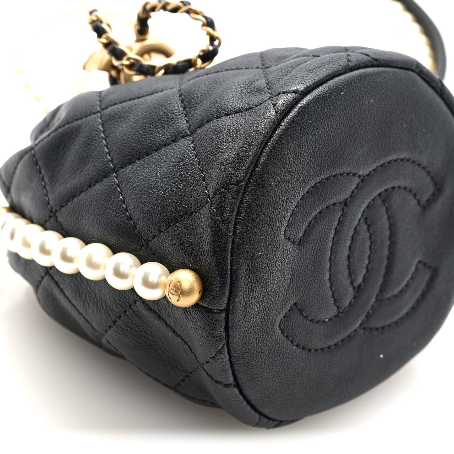 Calfskin Quilted Pearl Mini About Pearls Drawstring Bucket Bag Black